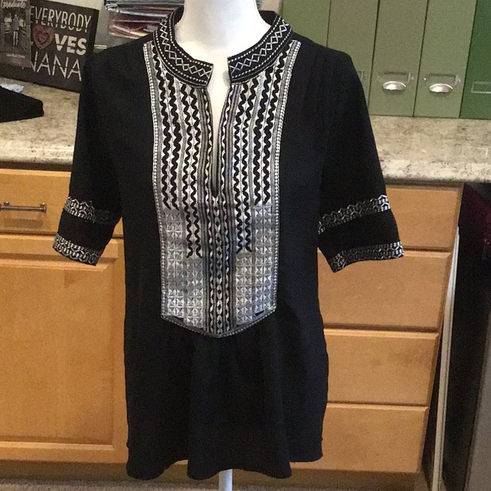 Navy Blue & Silver Metallic Embroidered Top